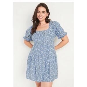 Old Navy Puff-Sleeve Tiered Smocked Embroidered Mini Swing Dress Size 2X Blue